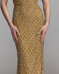 Mac Duggal #10259 gold off the shoulder embellished column gown detail