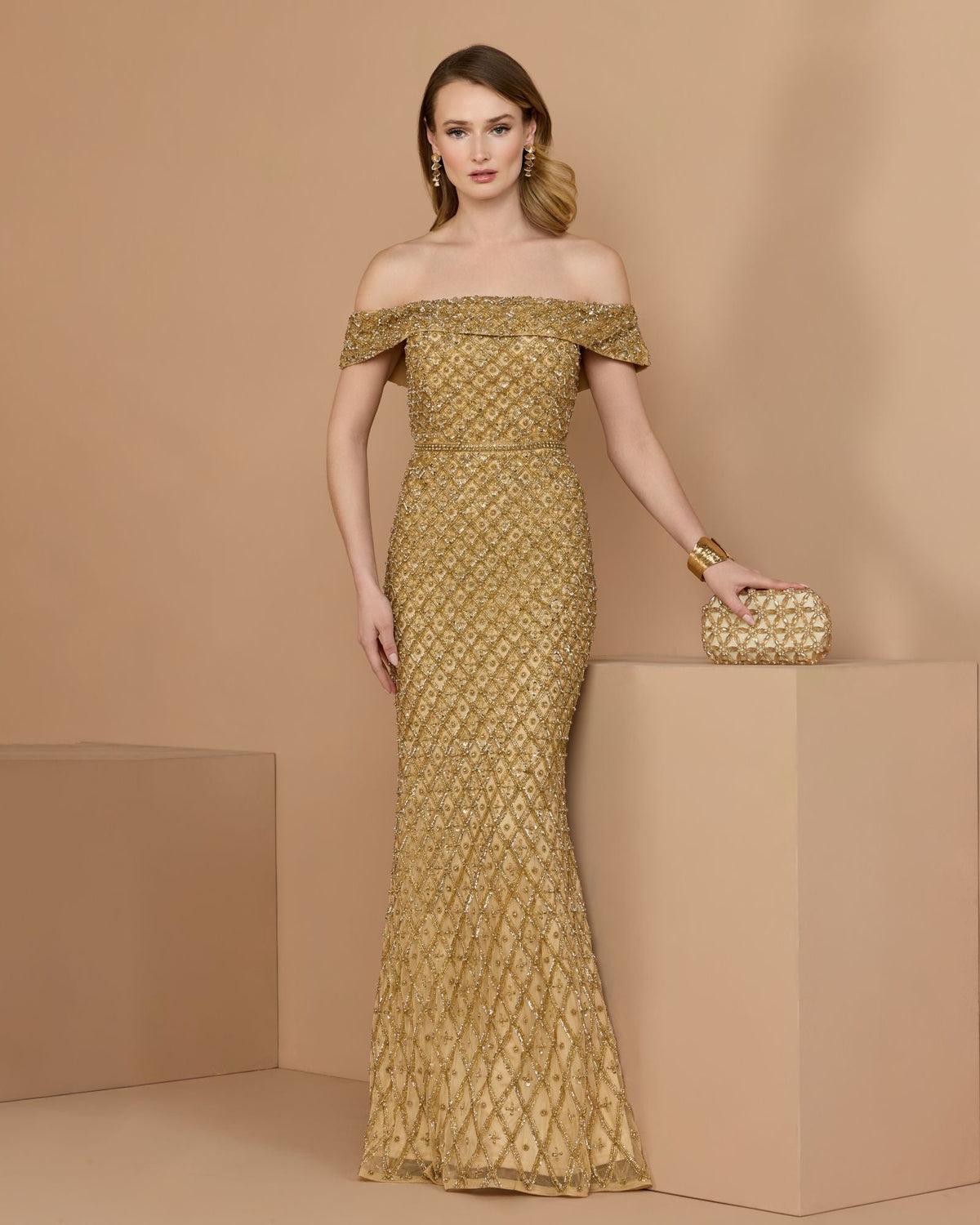 Mac Duggal #10259 gold off the shoulder embellished column gown lifestyle