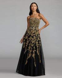 Mac Duggal #10274 black gold floral embellished strapless A-line gown