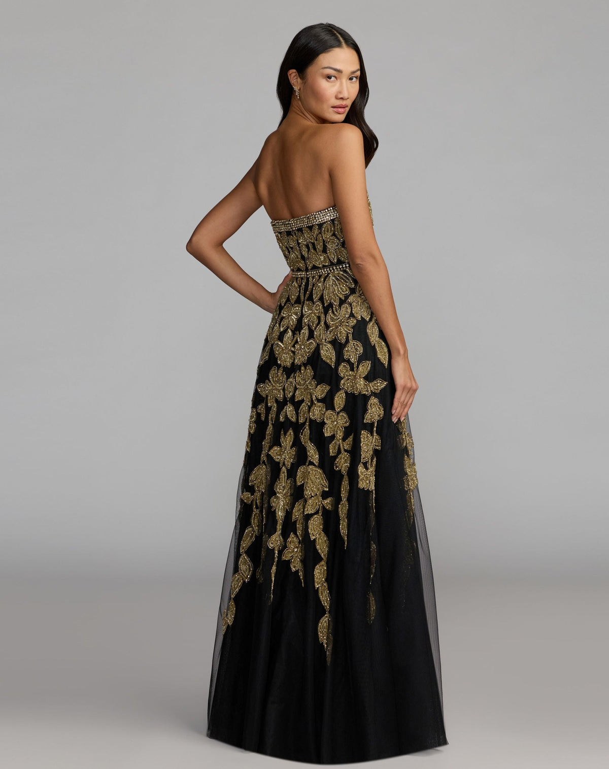 Mac Duggal #10274 black gold embellished gown back view
