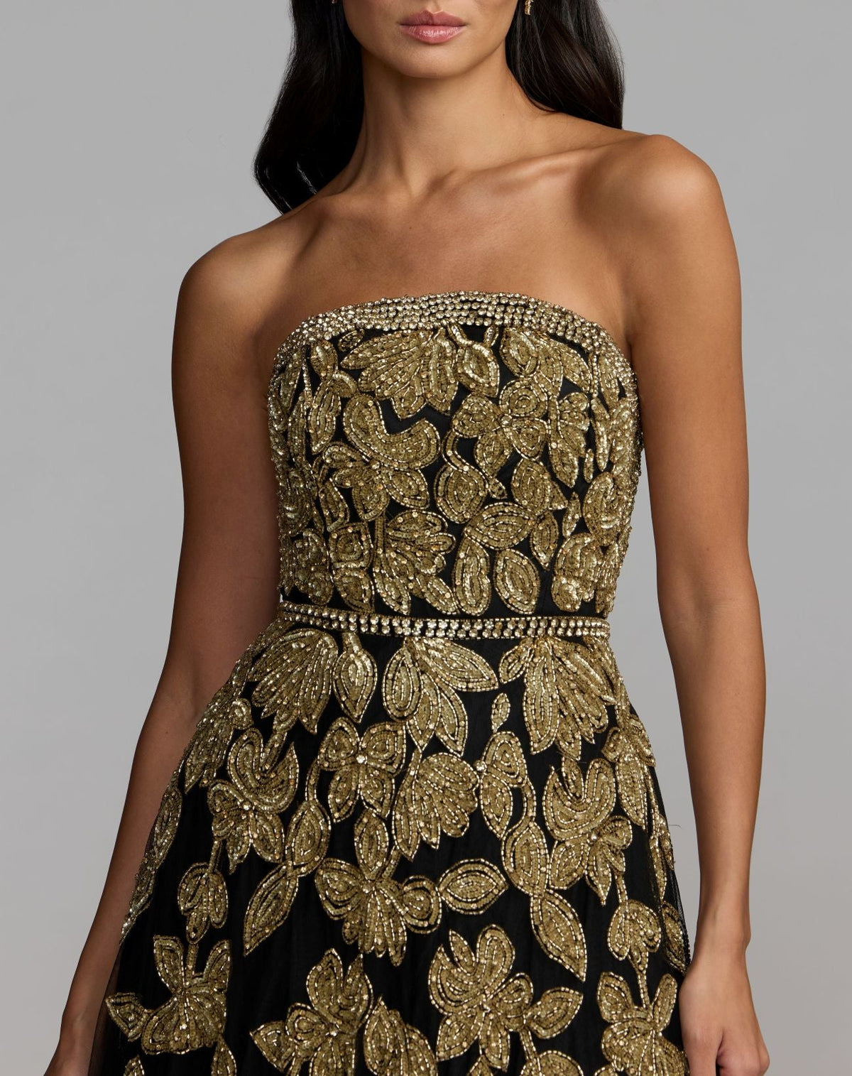 Mac Duggal #10274 black gold floral beadwork detail