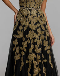 Mac Duggal #10274 black gold rhinestone waist detail