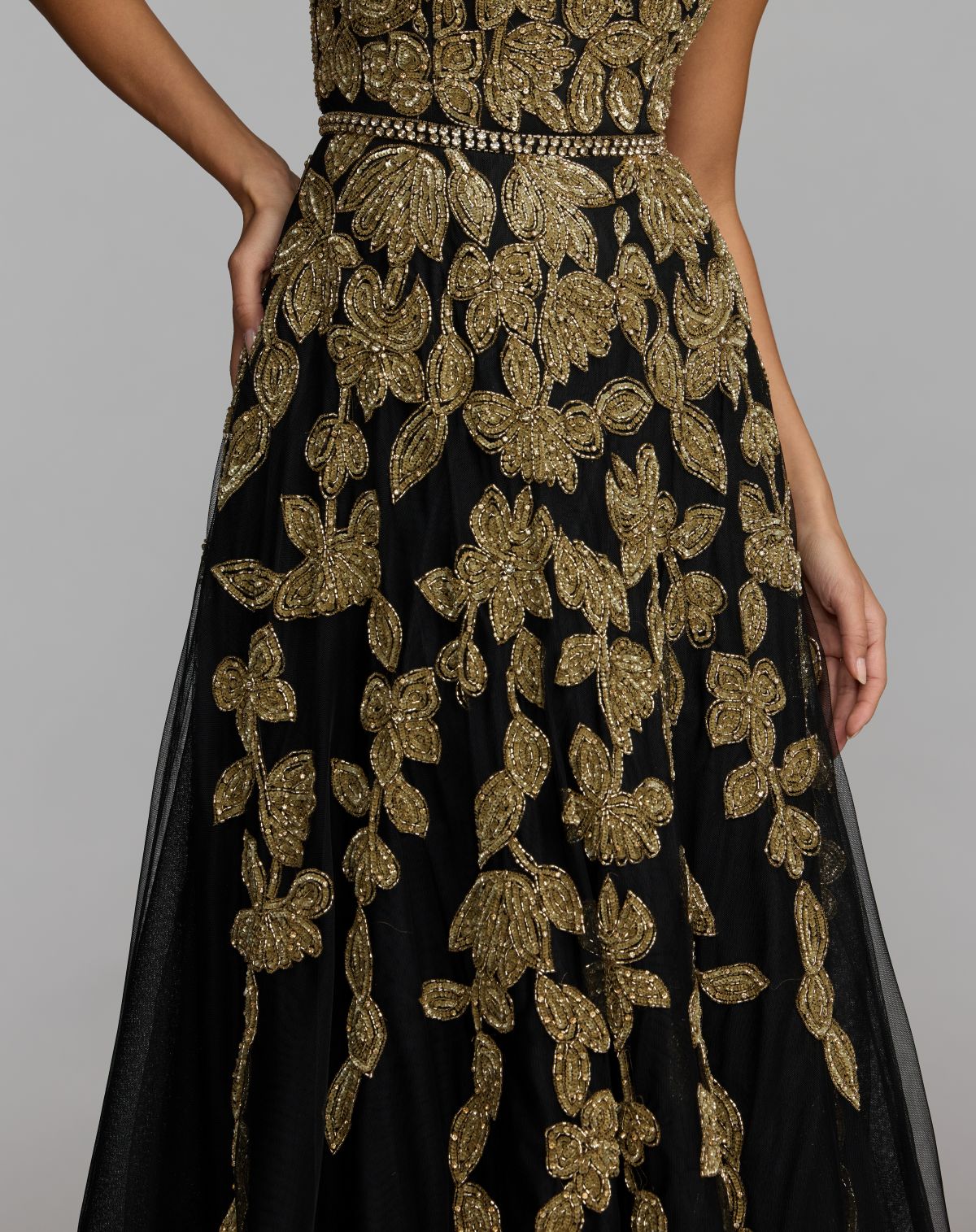 Mac Duggal #10274 black gold rhinestone waist detail