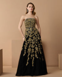 Mac Duggal #10274 black gold embellished A-line gown lifestyle