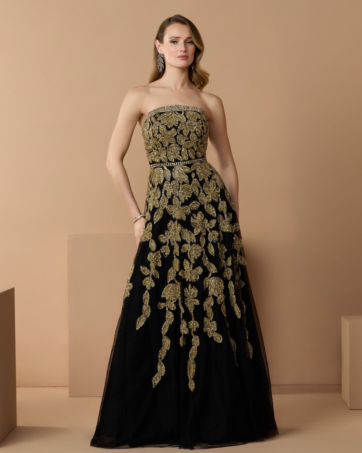 Mac Duggal #10274 black gold embellished A-line gown lifestyle