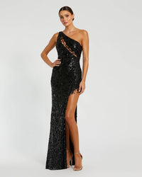 Mac Duggal #10278 black sequin one shoulder lace up gown
