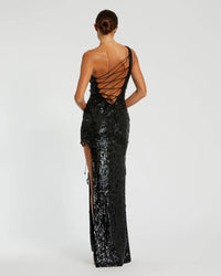 Mac Duggal #10278 black sequin one shoulder lace up gown back