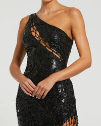 Mac Duggal #10278 black sequin one shoulder lace up gown close-up