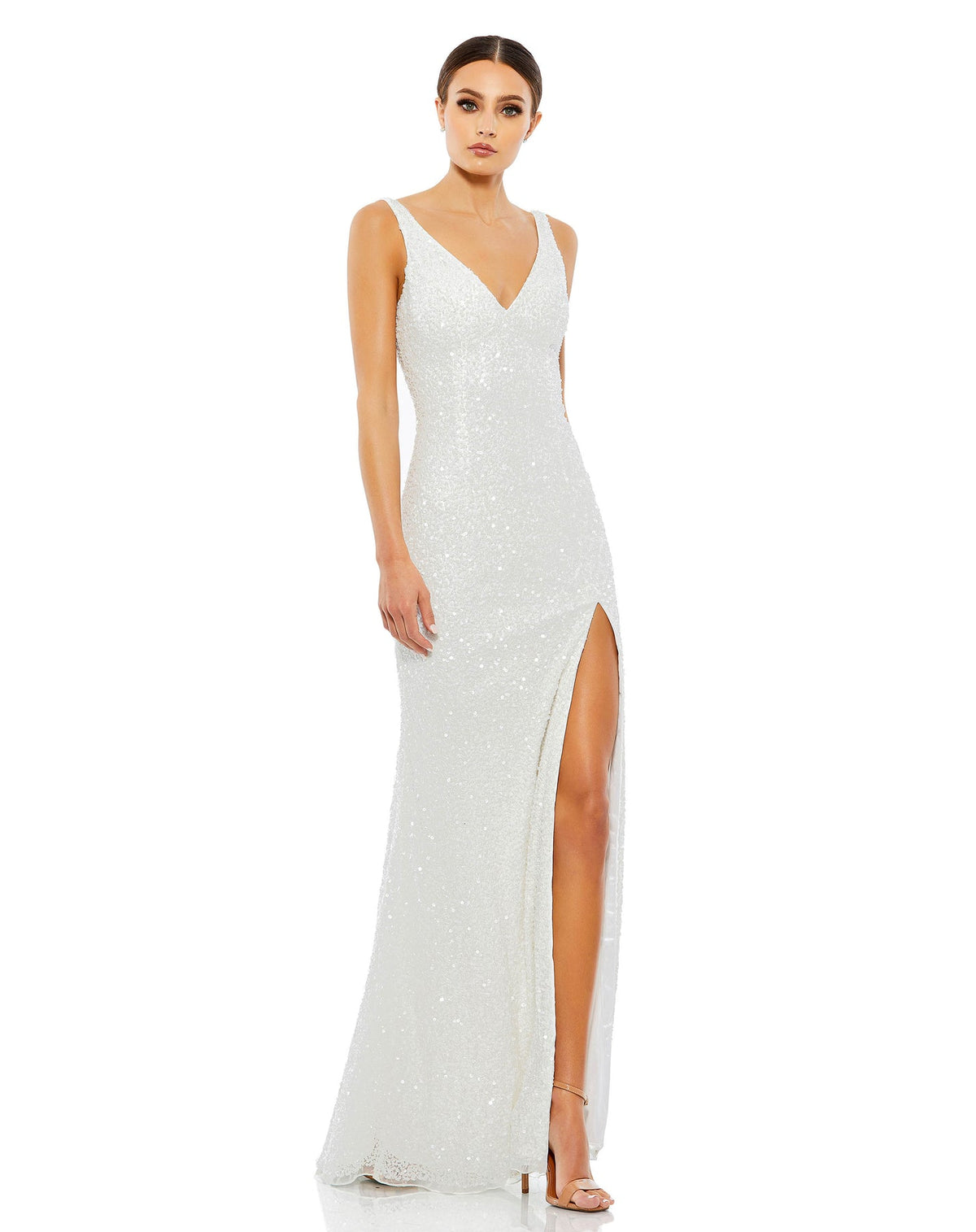 mac duggal, SEQUINED SLEEVELESS V NECK SIDE SLIT GOWN, Style #1068, ivory