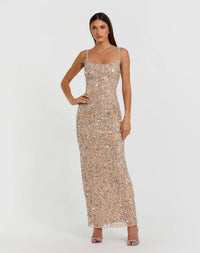 Mac Duggal #10696 Nude Silver sequin embellished square neck column gown