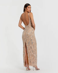 Mac Duggal #10696 Nude Silver sequin embellished gown open back