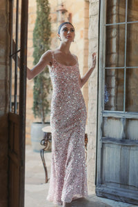 Sequin low back thin strap sequin gown - Pink