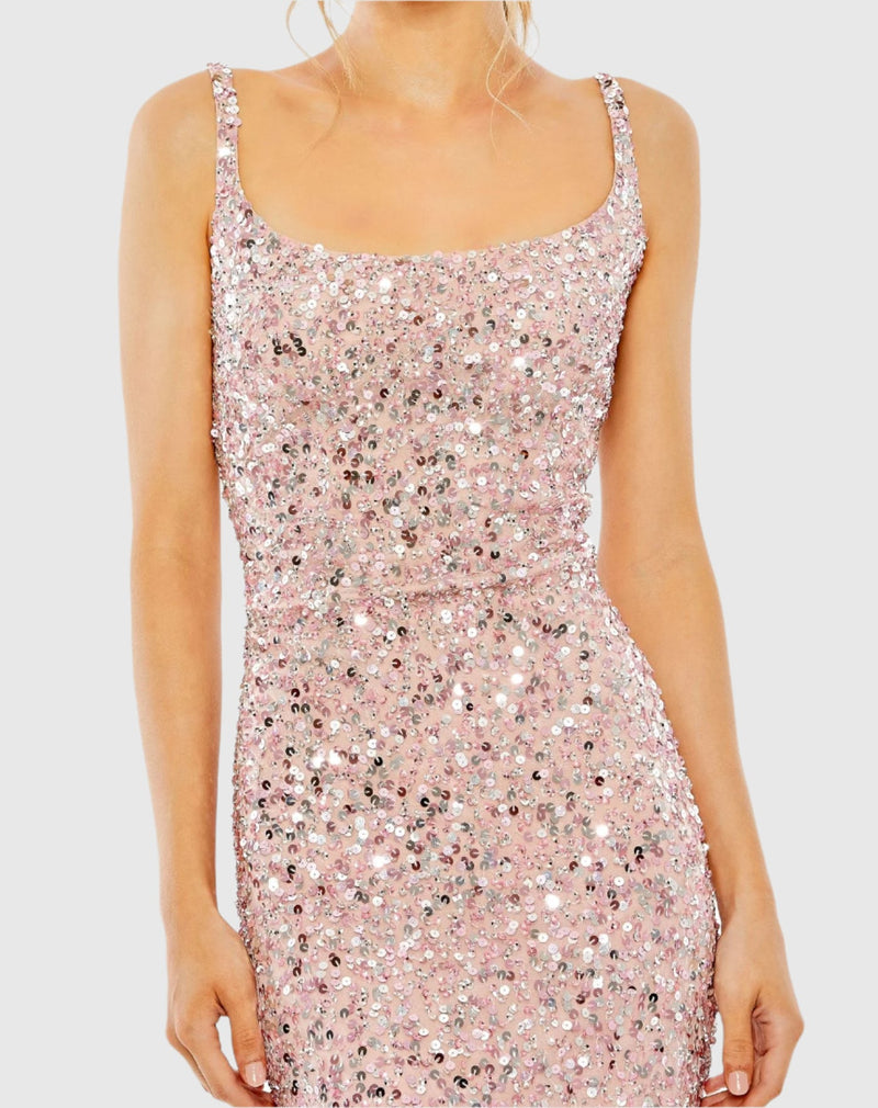 Sequin low back thin strap sequin gown - Pink