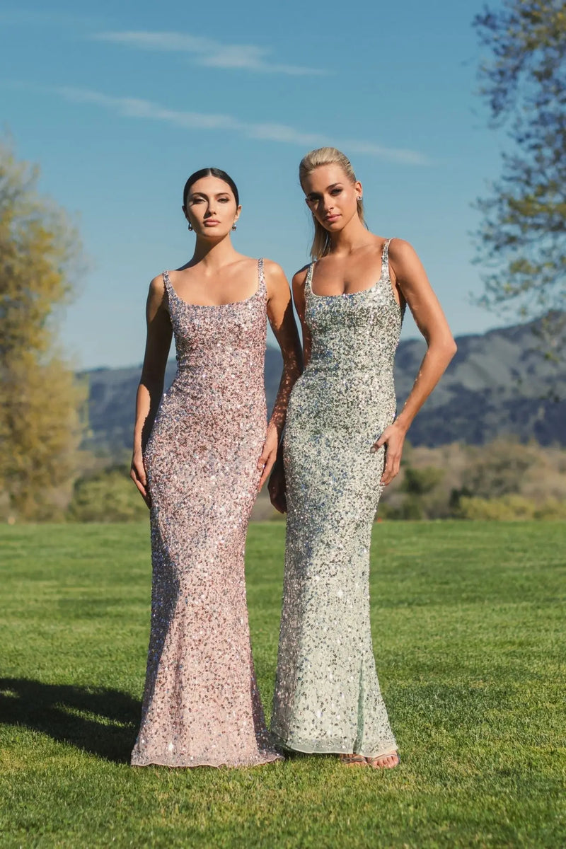 Sequin low back thin strap sequin gown - Sage