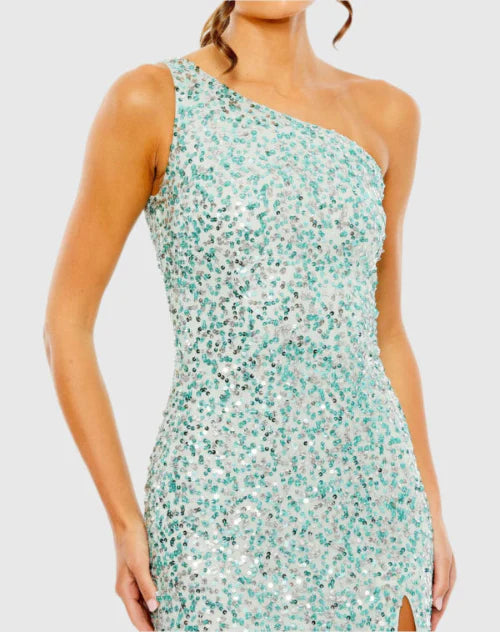 Sequin One Shoulder Gown With Slit - Aqua