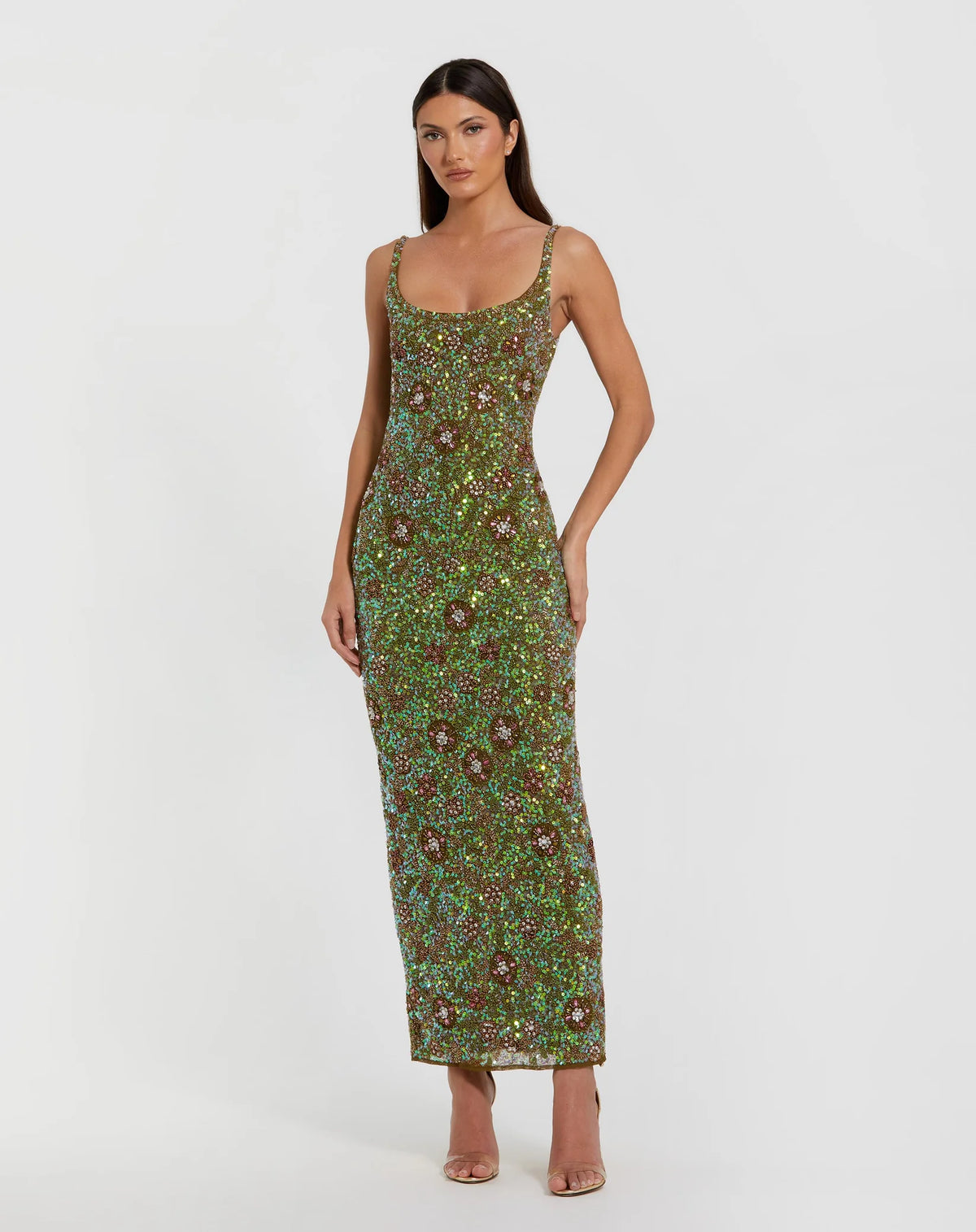 Mac Duggal Sleeveless Hand Beaded Floral Midi Dress Olive Green #10755