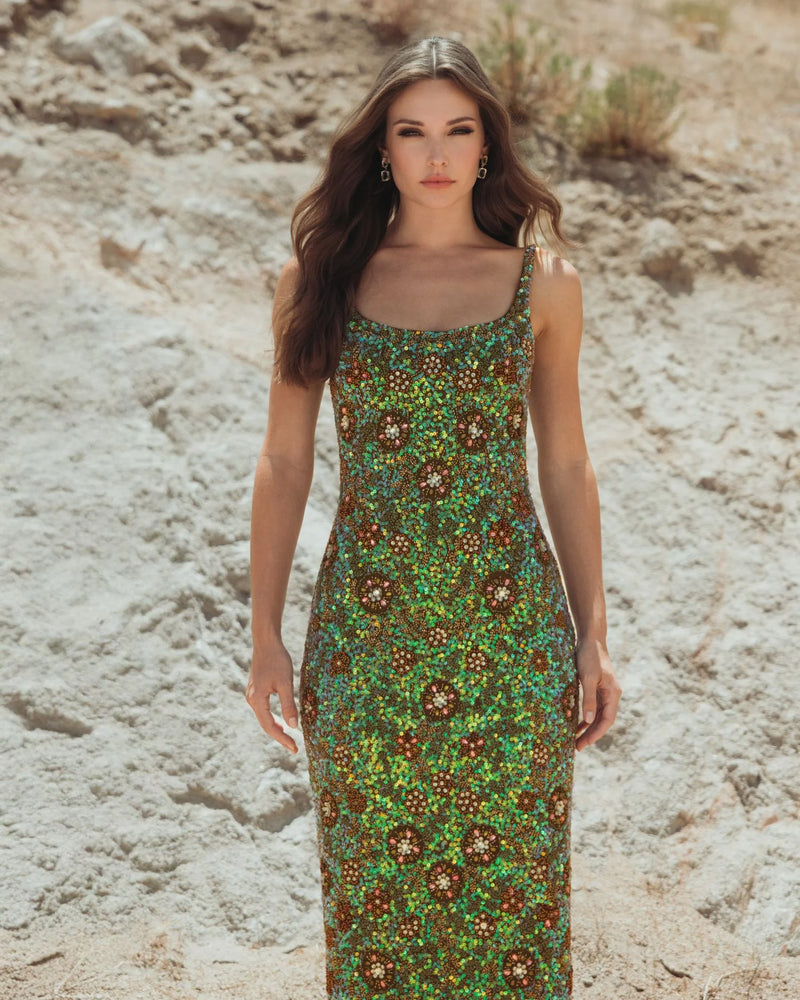 Mac Duggal Sleeveless Hand Beaded Floral Midi Dress Olive Green #10755 Shaide Boutique Mac Duggal Sleeveless Hand Beaded Floral Midi Dress Olive Green #10755 Shaide Boutique