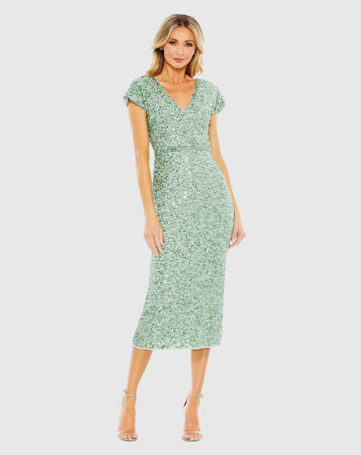 Mac Duggal Sequined Short Sleeve Wrap Over Cocktail Dress #10766 Sage