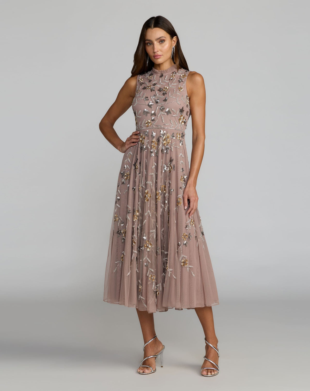 Mac Duggal #10815 Cap Sleeve High Neck Embellished Dress Taupe