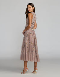 Cap Sleeve High Neck Embellished Dress - Taupe