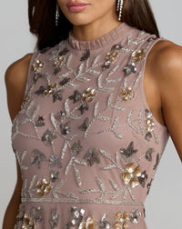 Cap Sleeve High Neck Embellished Dress - Taupe