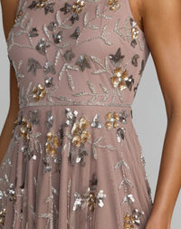 Cap Sleeve High Neck Embellished Dress - Taupe