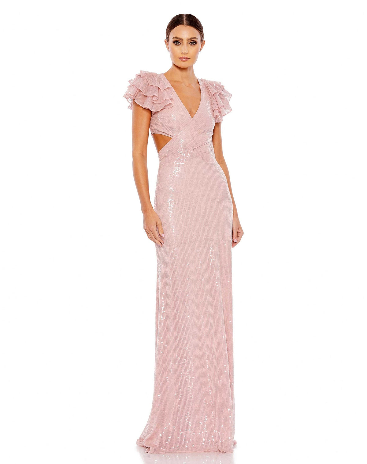 Mac Duggal,Sequin ruffle sleeve cut out lace up gown - Pink