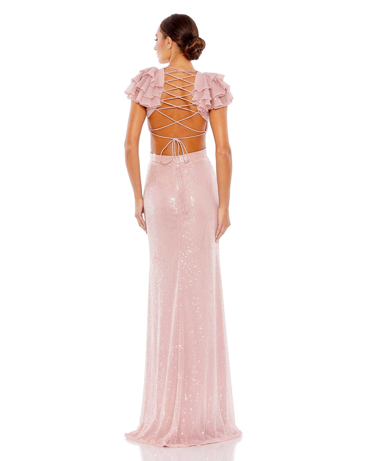 Mac Duggal,Sequin ruffle sleeve cut out lace up gown - Pink back view