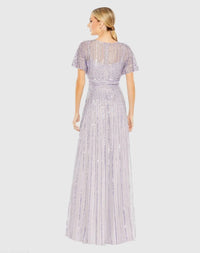 Purple Sequined Butterfly Sleeve Flowy Gown - Back
