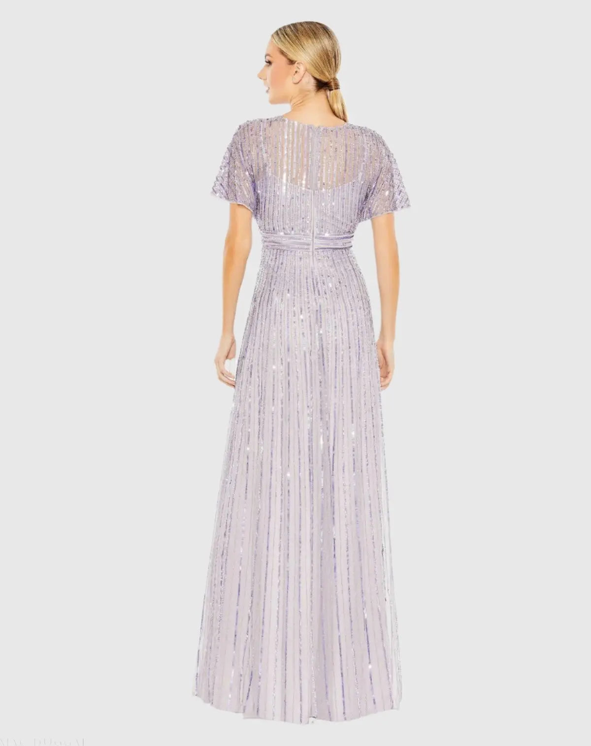 Purple Sequined Butterfly Sleeve Flowy Gown - Back