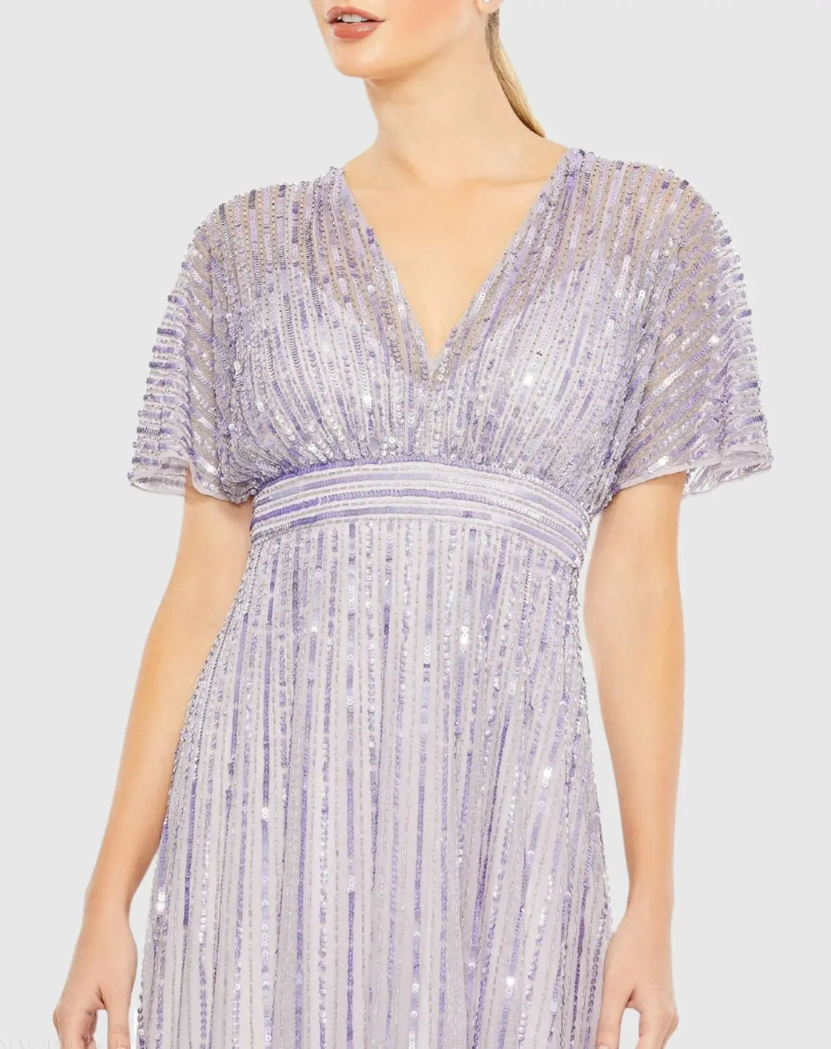 Purple Sequined Butterfly Sleeve Flowy Gown - Close Up