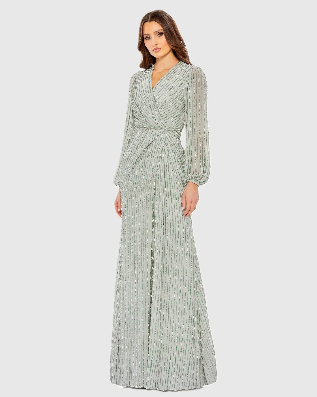 Sage Beaded Long Sleeve Faux Wrap Column Gown