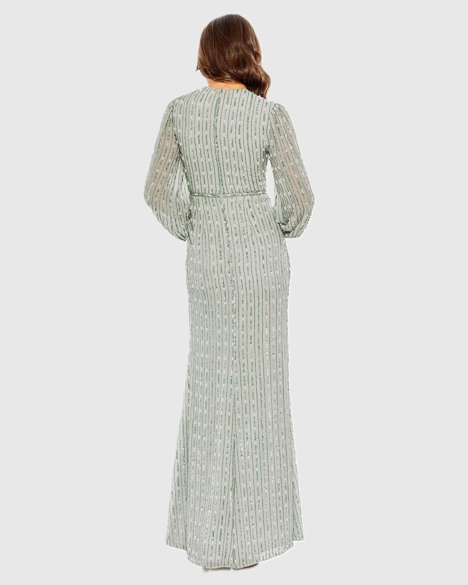 Sage Beaded Long Sleeve Faux Wrap Column Gown