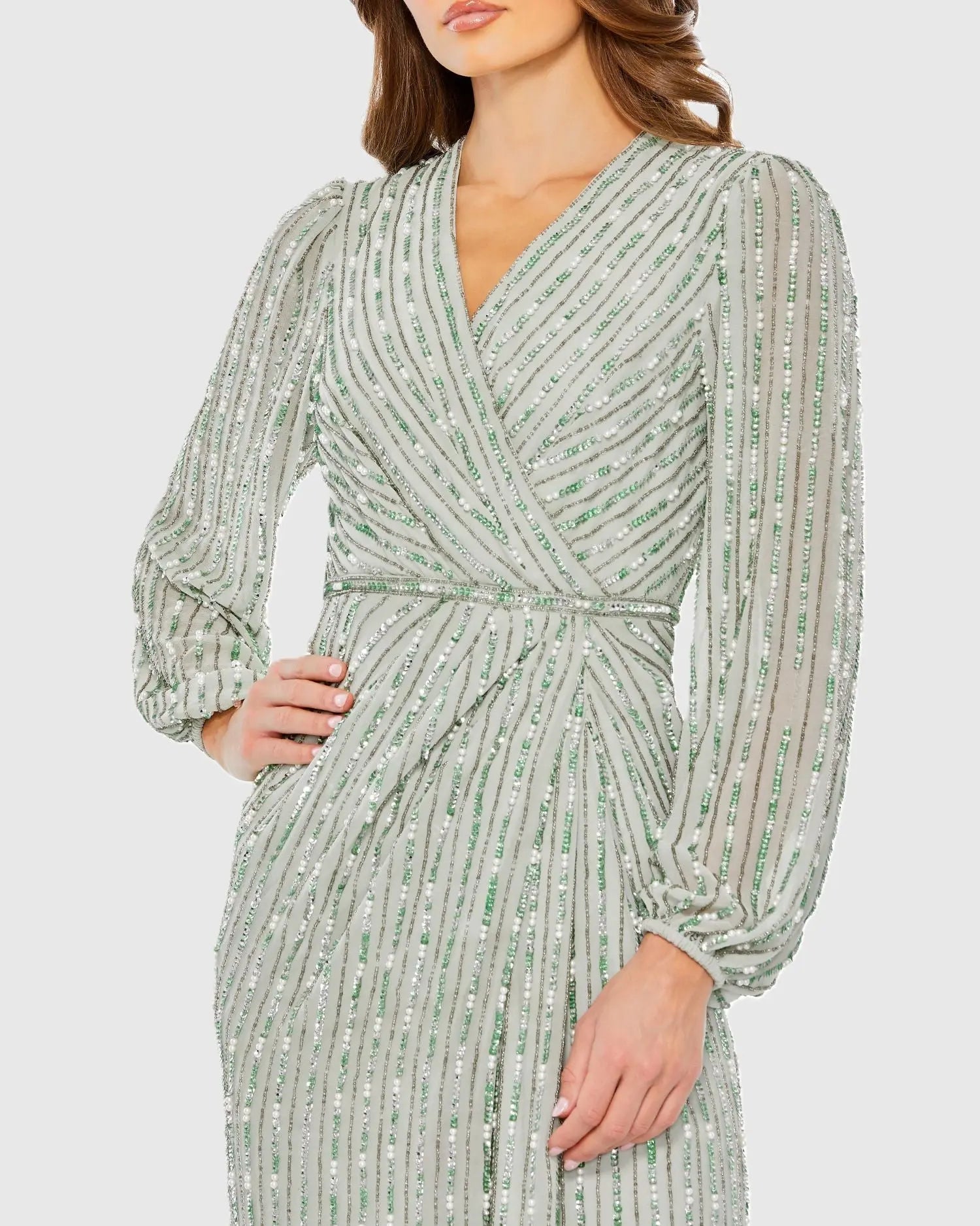 Sage Beaded Long Sleeve Faux Wrap Column Gown