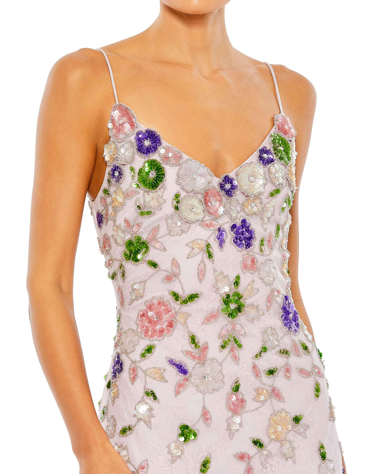 mac duggal, EMBELLISHED LACE SLEEVELESS V NECK GOWN,  Style #10893 lilac close up