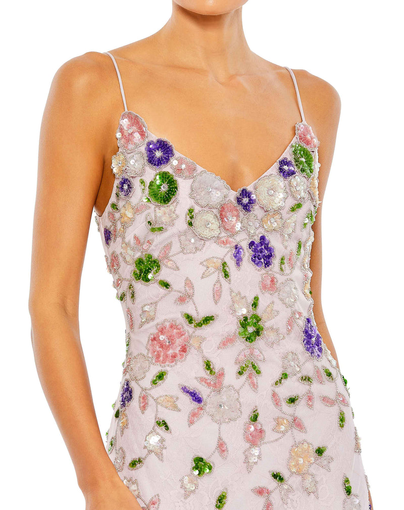 mac duggal, EMBELLISHED LACE SLEEVELESS V NECK GOWN,  Style #10893 lilac close up