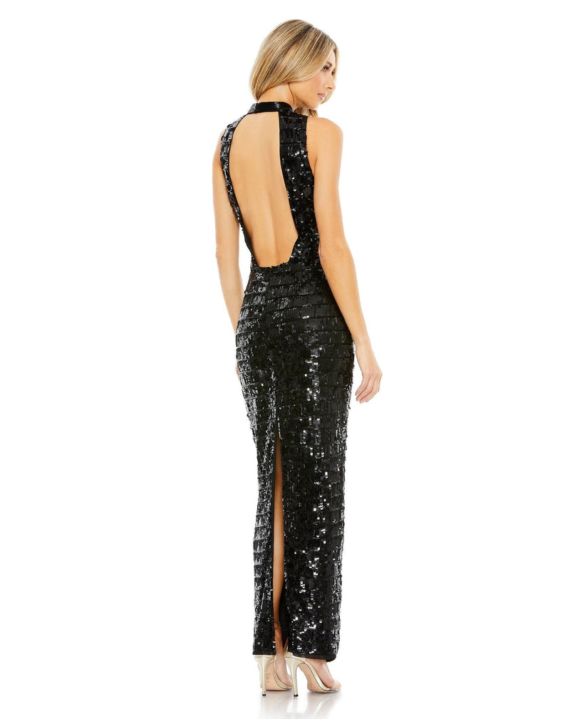 SEQUINED HIGH NECK SLEEVELESS COLUMN GOWN side black