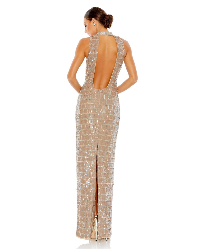 Style #10907 mac duggal SEQUINED HIGH NECK SLEEVELESS COLUMN GOWN