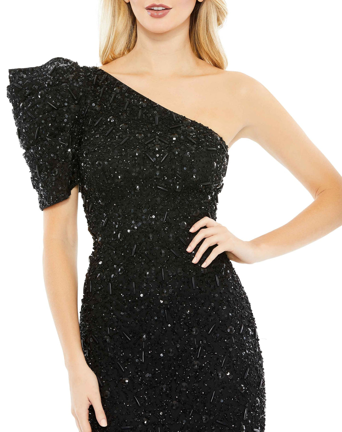 Asymmetric Puff Shoulder Gown - black, abyss by abby, portia & scarlett, mac duggal