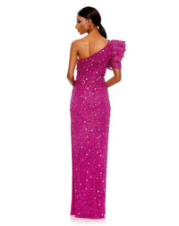 Asymmetric Puff Shoulder Gown - Hot Pink, abyss by abby, portia & scarlett, mac duggal back view