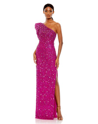 Asymmetric Puff Shoulder Gown - Hot Pink, abyss by abby, portia & scarlett, mac duggal
