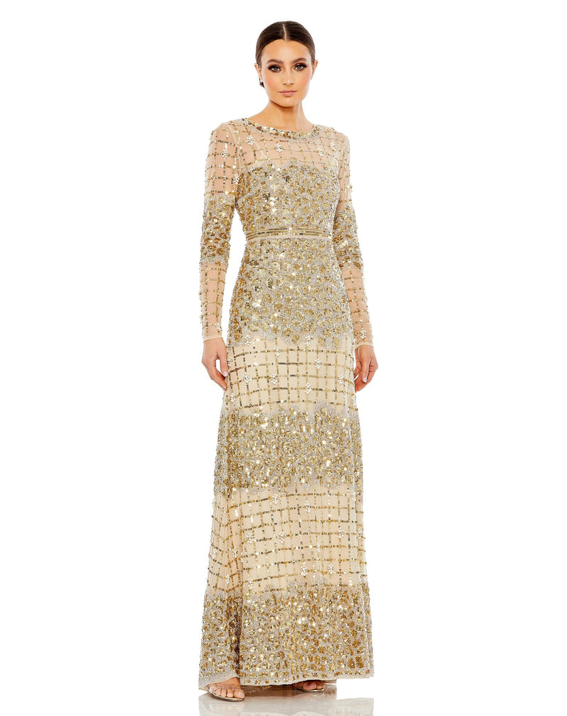 Embellished high neck long sleeve gown - Gold