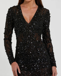 Mac Duggal 10976 Black long sleeve sheer embellished mini dress detail