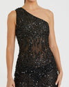 Black One Shoulder Sheer Hand Beaded Mini Dress - Nude