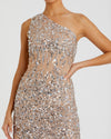 Black One Shoulder Sheer Hand Beaded Mini Dress - Nude