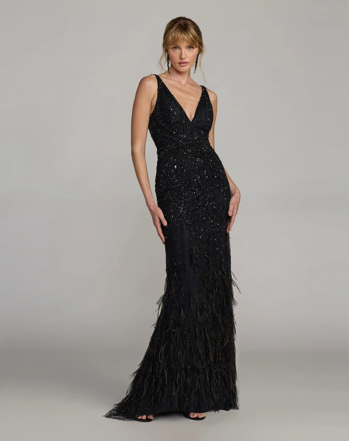 Mac Duggal Mac Duggal Black Embellished V-Neck Gown With Feather Hem #11120