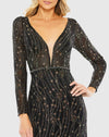 Embellished Long Sleeve Plunge Trumpet Gown - Black