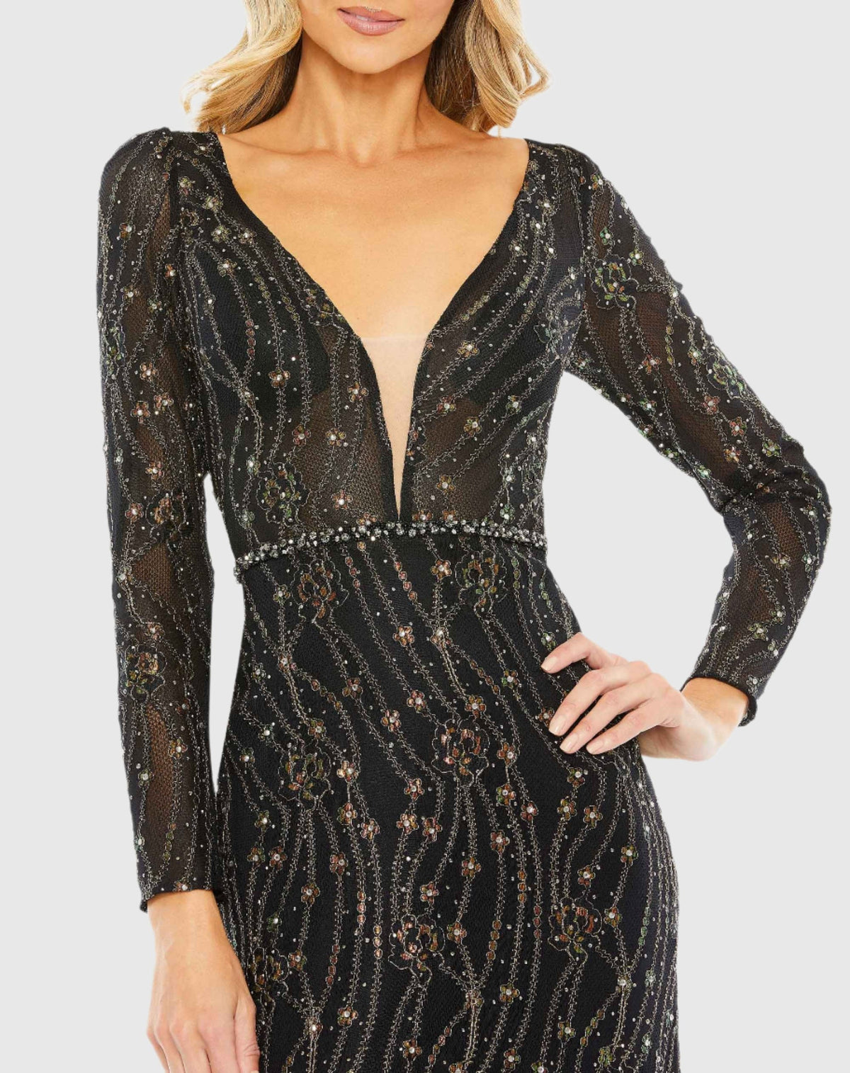 Embellished Long Sleeve Plunge Trumpet Gown - Black