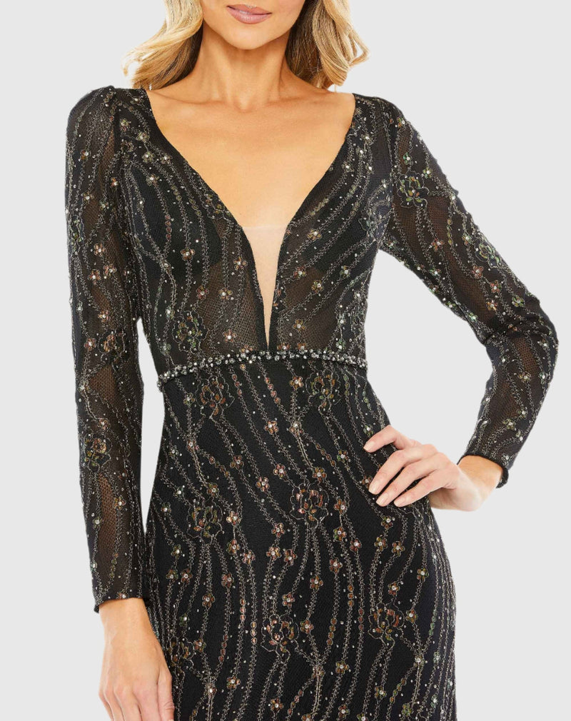 Embellished Long Sleeve Plunge Trumpet Gown - Black