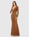Embellished Long Sleeve Plunge Trumpet Gown - Black